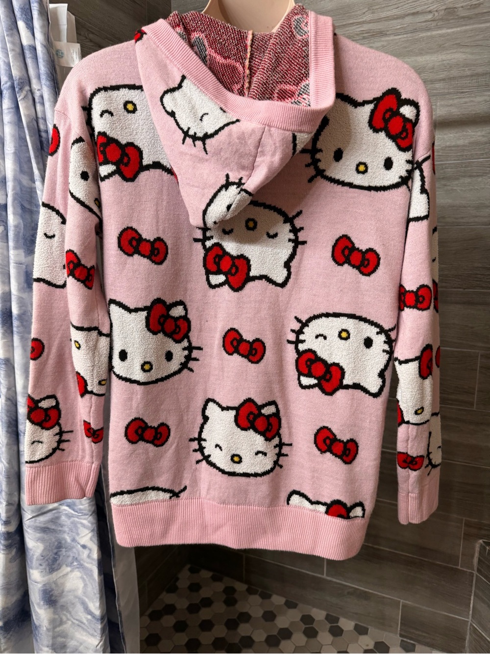 Hello Kitty Face Bow Hooded Cardigan Size L Pink Sanrio - Picture 5 of 9